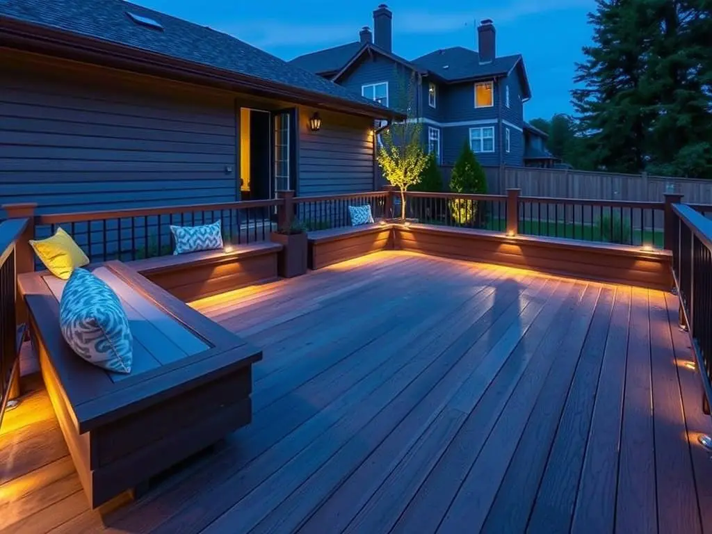 Custom deck design features including built-in seating and lighting