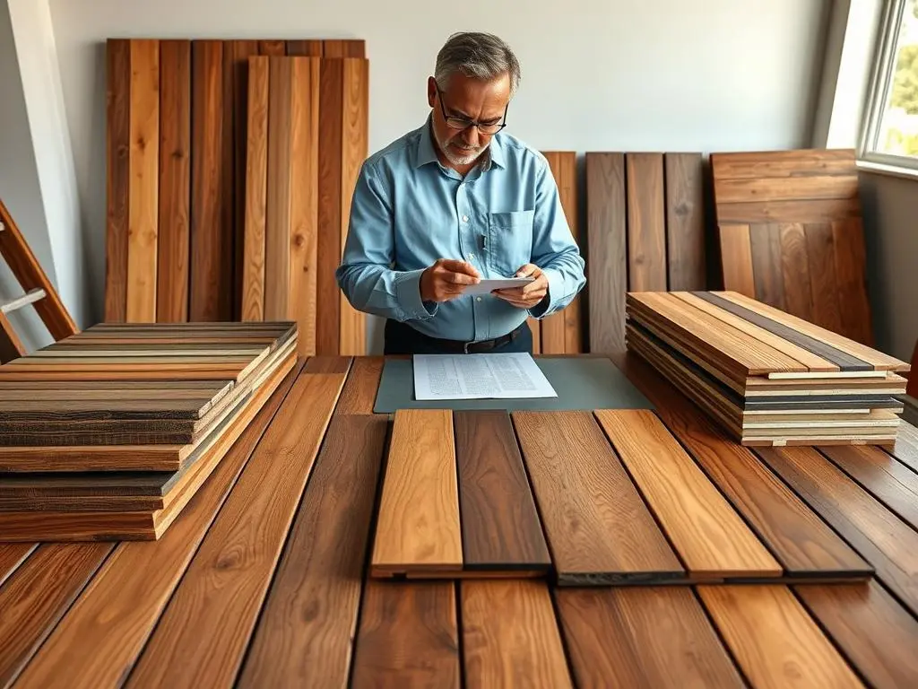 Material selection expertise for deck design showing various wood and composite samples