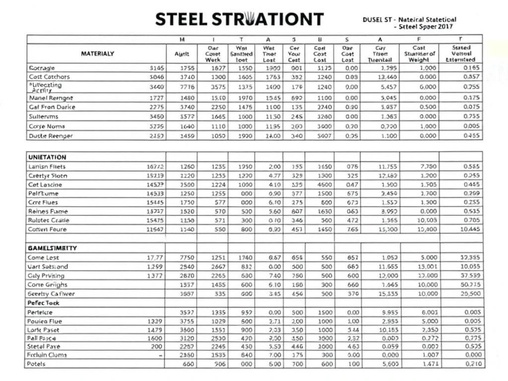 Steel estimation spreadsheet showing material quantities, weights, and costs for a structural project